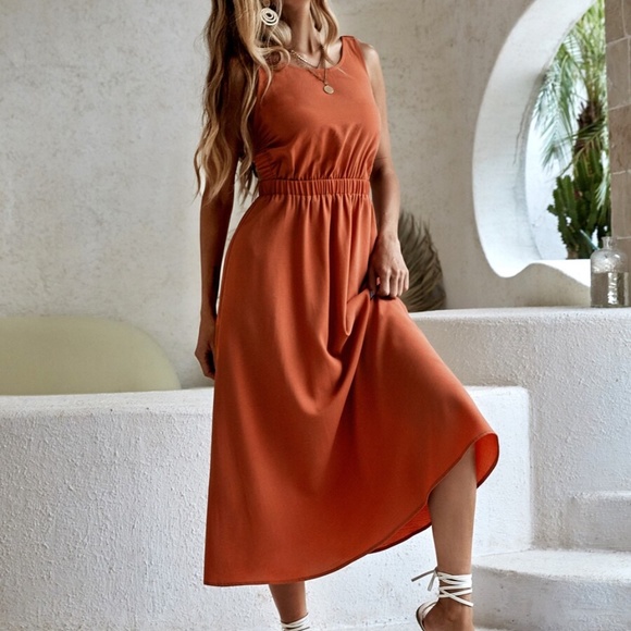 Boho Khaki Tan Backless Sleeveless Midi Dress - Picture 11 of 15